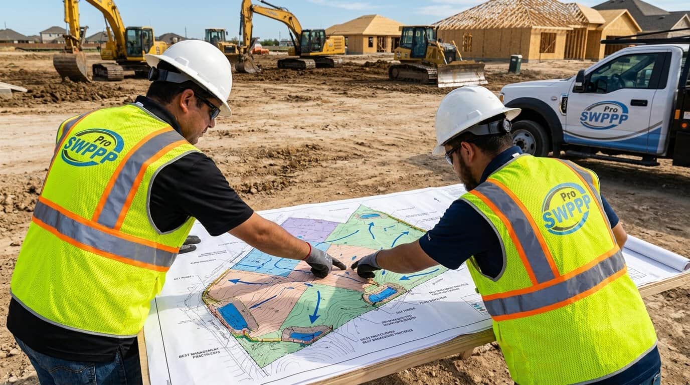 Annotated site plan showing drainage areas, BMPs, and flow arrows on a San Antonio subdivision project