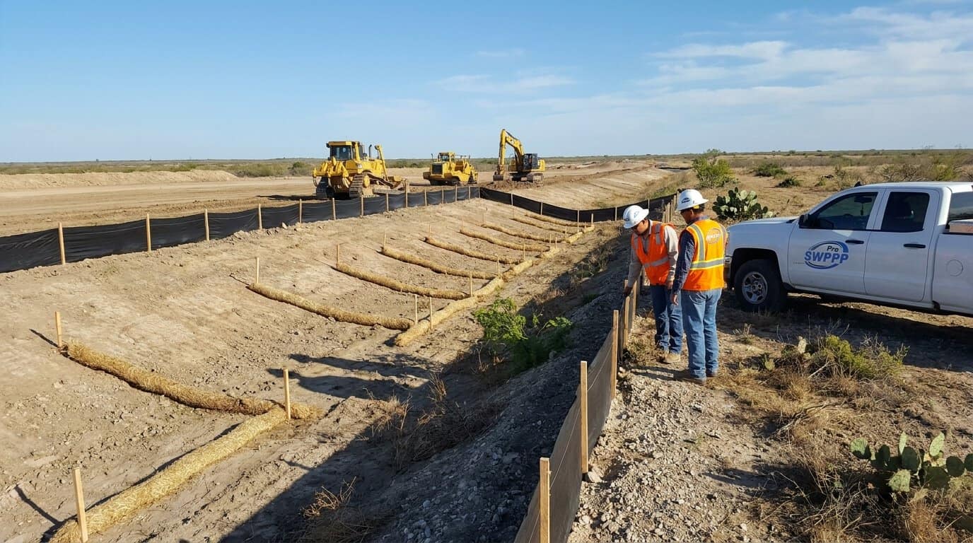 Construction site in South Texas with erosion control measures and blue sky