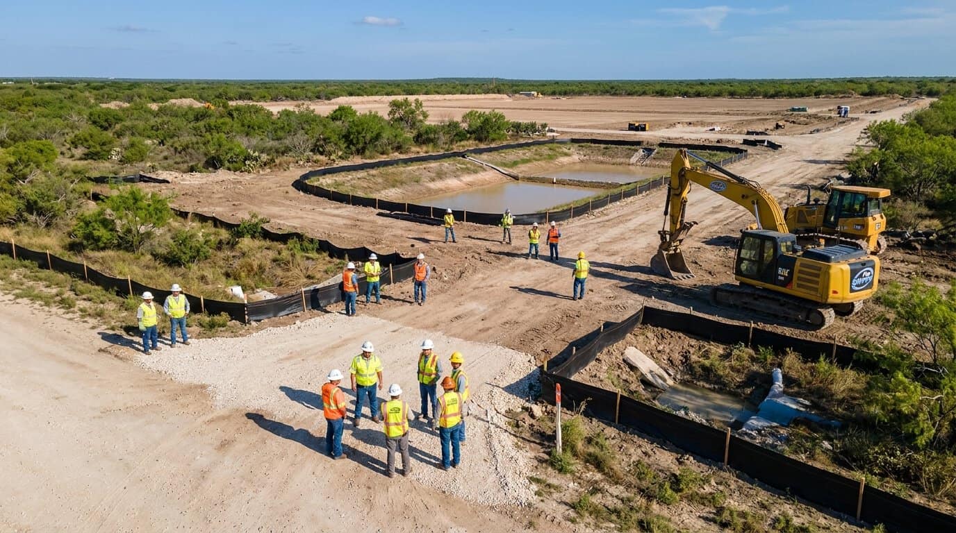 Aerial view of industrial facility with stormwater controls in South Texas