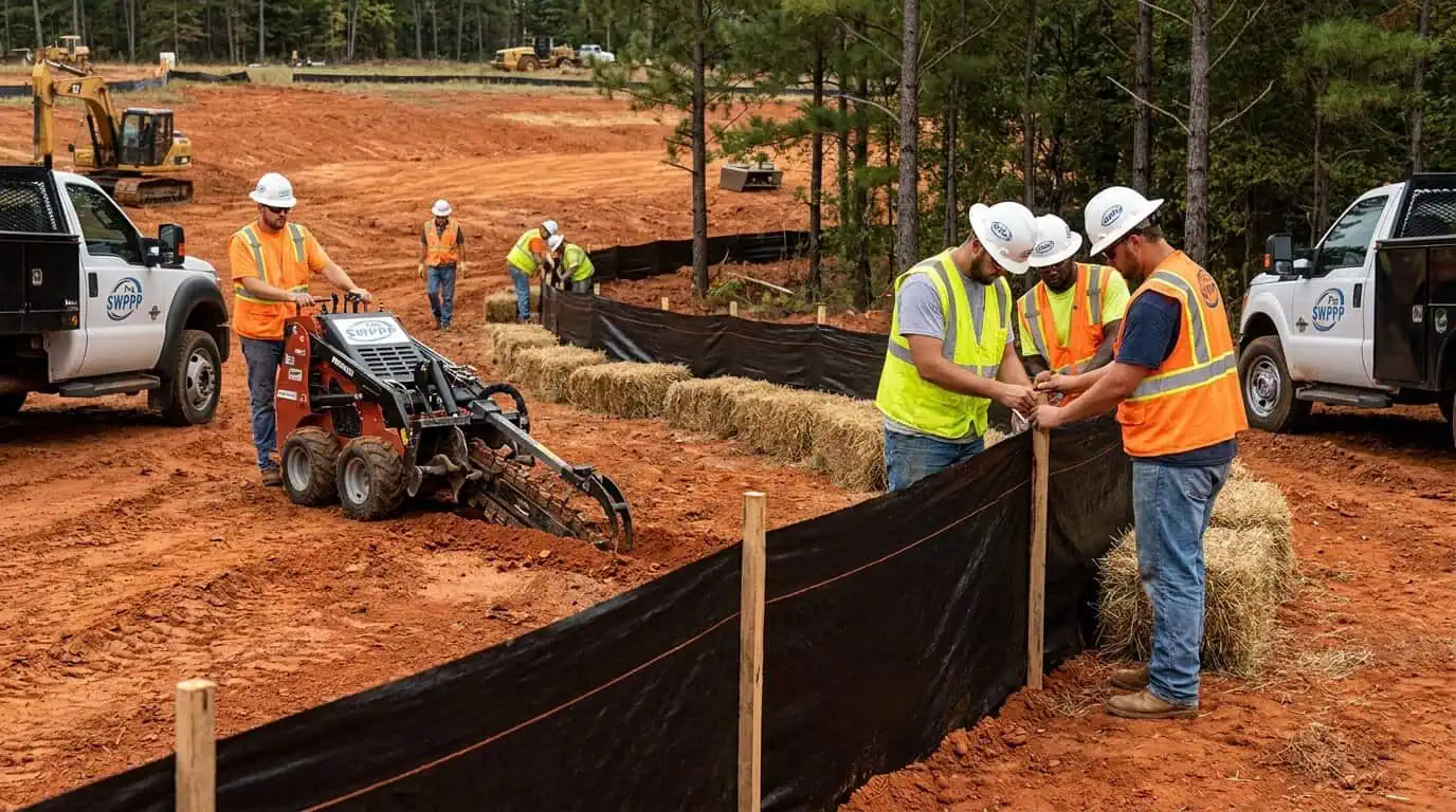 Construction crew installing silt fence and erosion controls on Alabama jobsite
