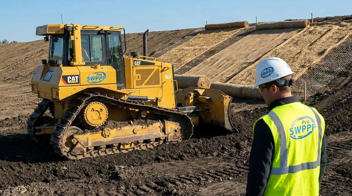 Heavy equipment grading soil with erosion control blankets visible in background