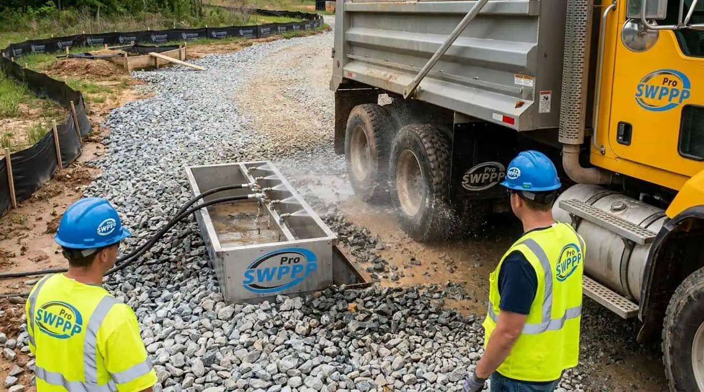Close-up of construction entrance with rock stabilization and tire wash area