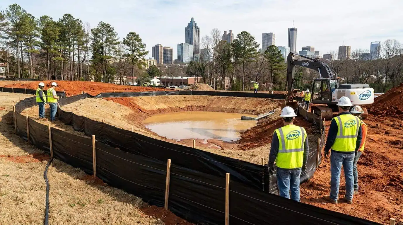 Construction site in Atlanta, Georgia with erosion control measures visible including silt fence and sediment basins