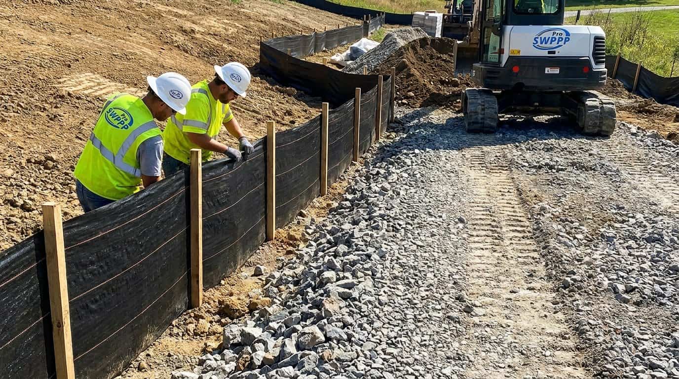Close-up of erosion control best management practices on a construction site, including sediment fence installation and construction entrance