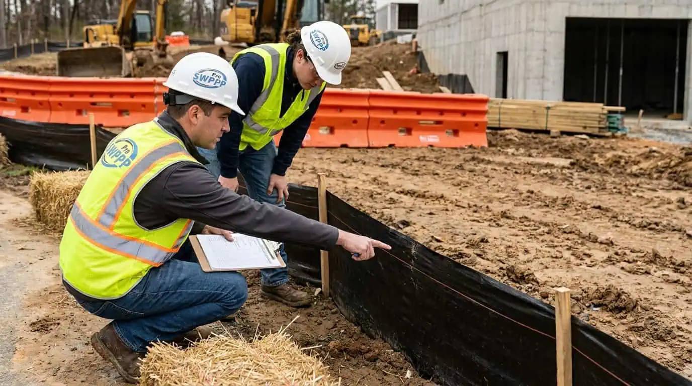 Construction inspection in progress showing inspector reviewing erosion control measures with clipboard