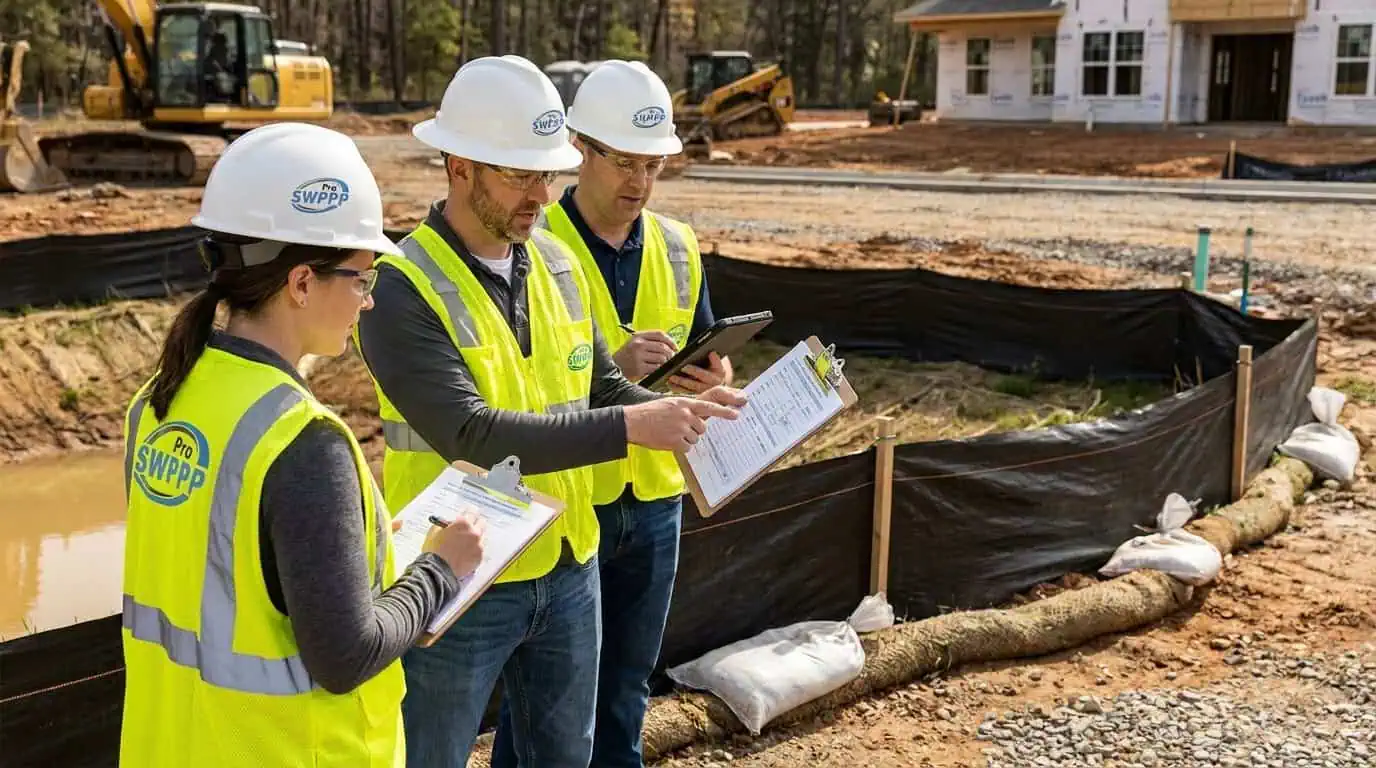 Construction crew performing stormwater inspection with clipboard and safety gear