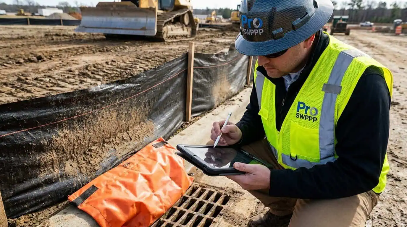 Close-up of silt fence and inlet protection with inspector documenting condition