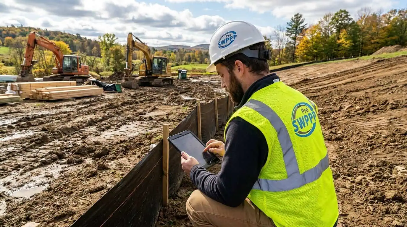 Image: Licensed site technician conducting weekly inspection at Vermont construction site