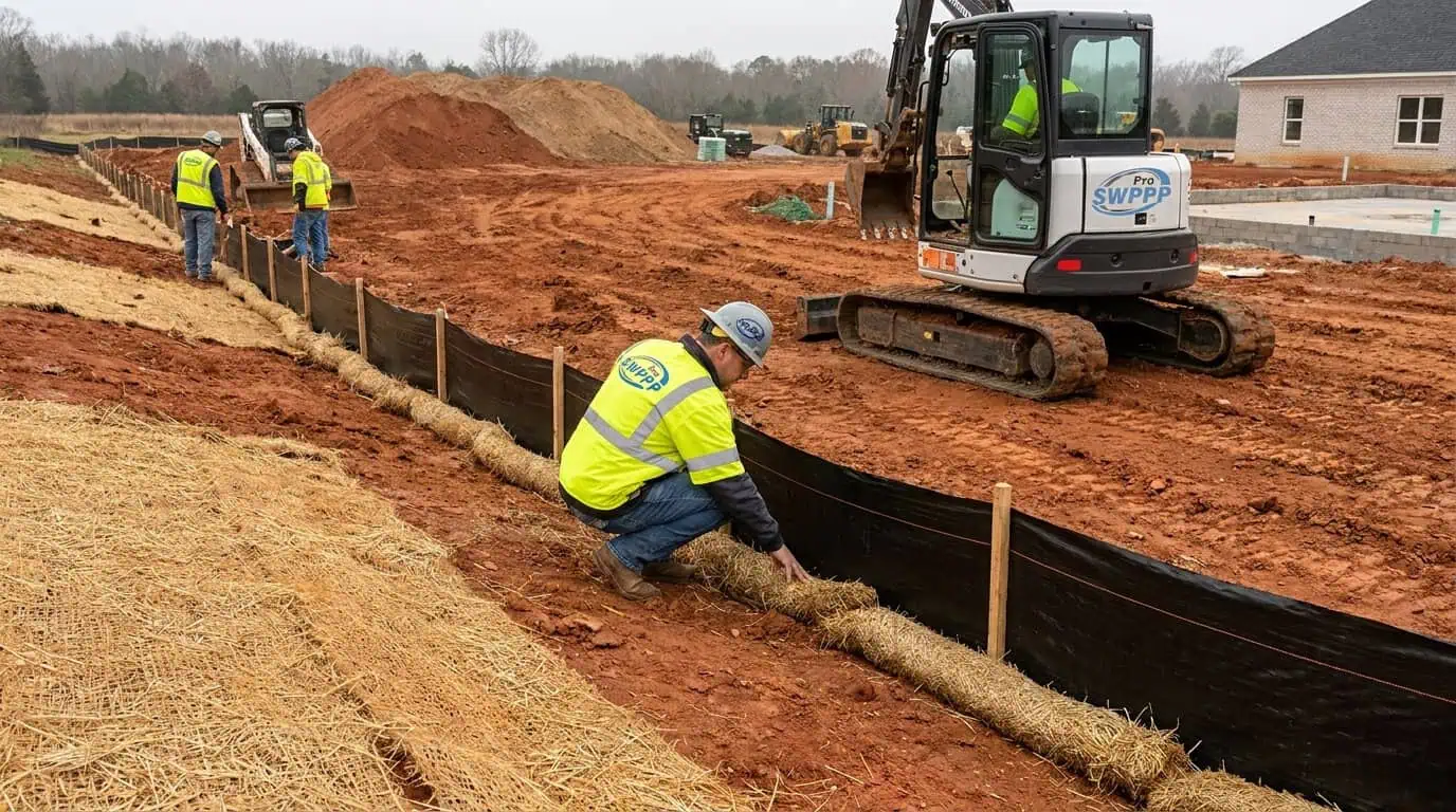 Alabama construction site with silt fence, straw wattles, and inspector in yellow vest checking erosion control BMPs under cloudy skies