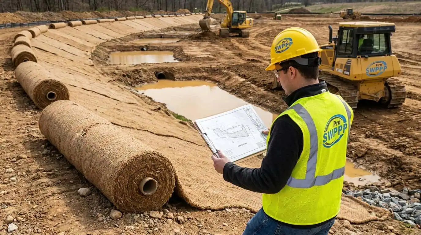 CPESC inspector reviewing CBMPP plan on clipboard beside active grading site with erosion control blankets and sediment basins visible