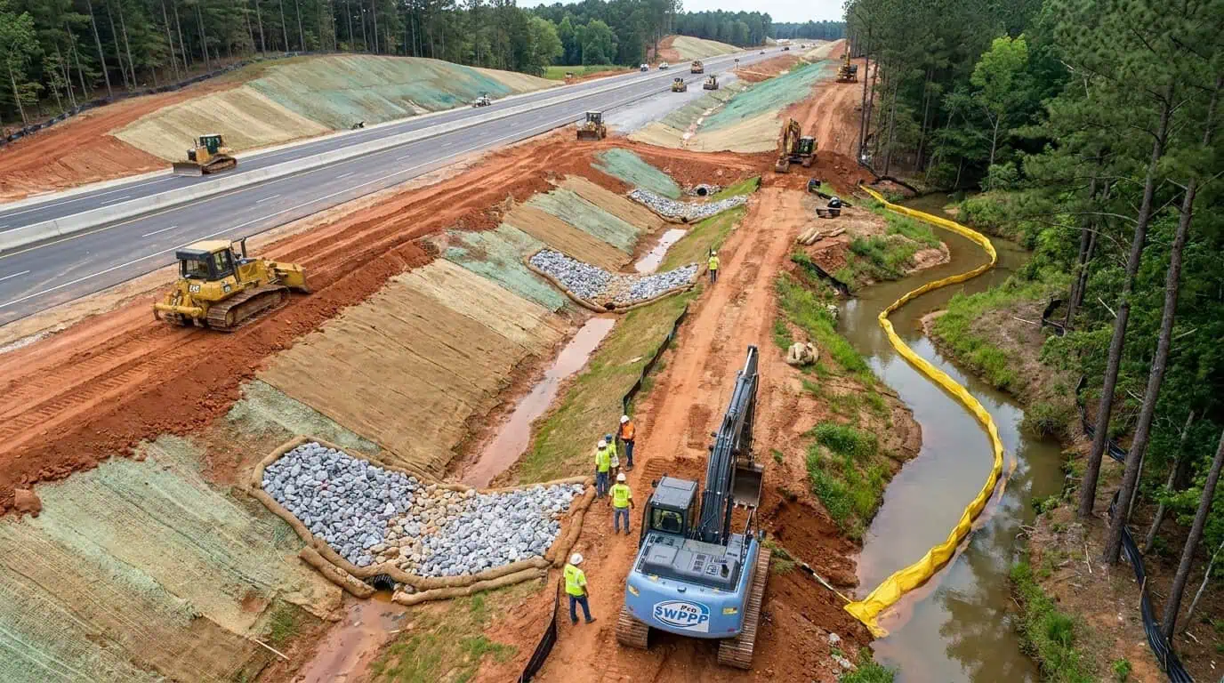 Aerial view of Alabama highway construction with stabilized slopes, check dams in drainage ditches, and turbidity curtain protecting adjacent stream