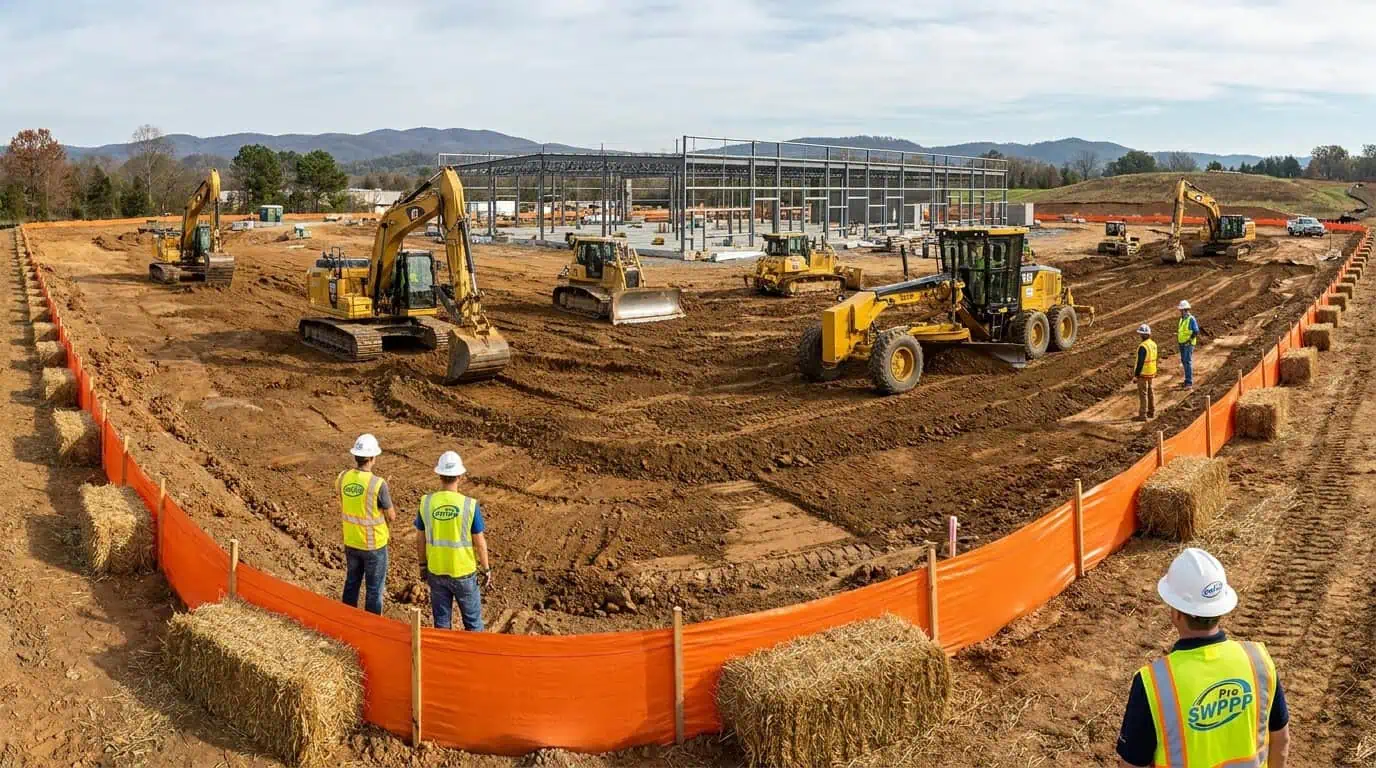 Wide shot of a large data center construction site with excavators, grading equipment, and visible erosion control measures like silt fencing and staked hay bales around the perimeter