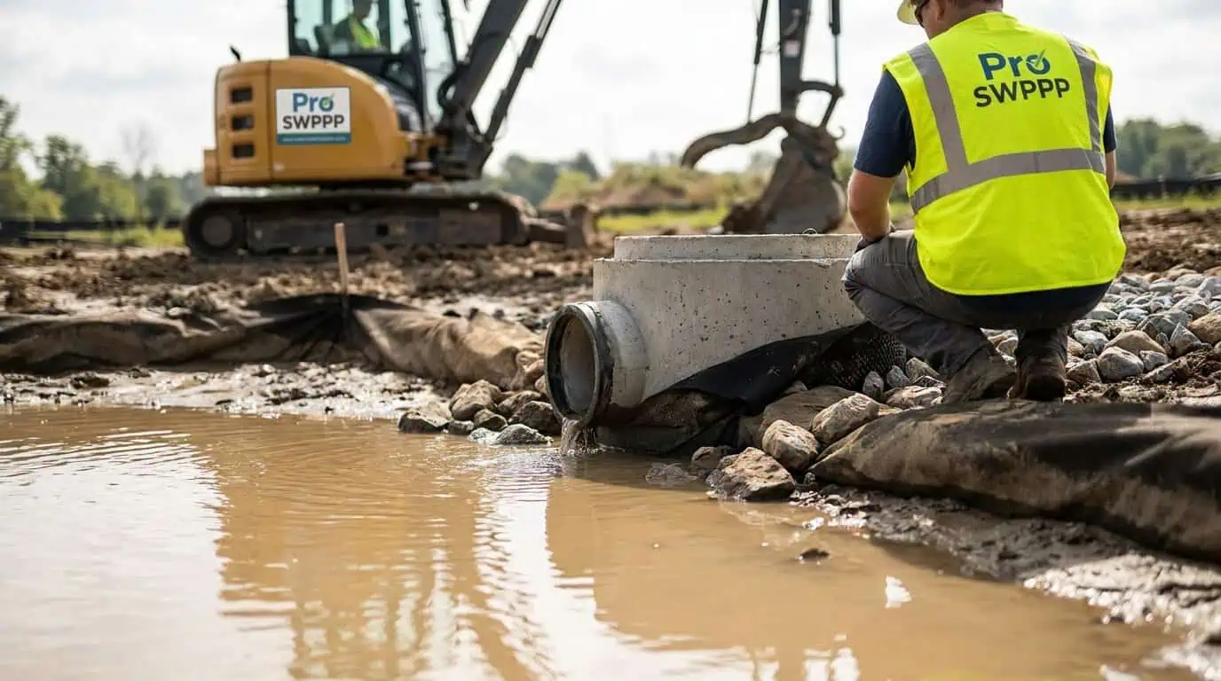 Close-up of a sediment basin with standing water, showing a properly installed outlet structure and filter fabric, with a construction site visible in the background