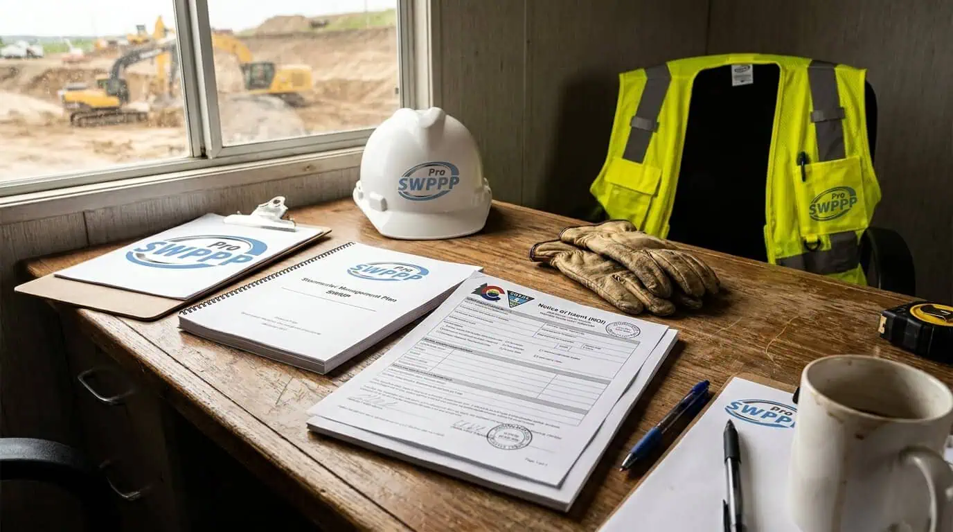 Close-up of completed NOI form with CDPHE logo and SWMP document on a construction trailer desk
