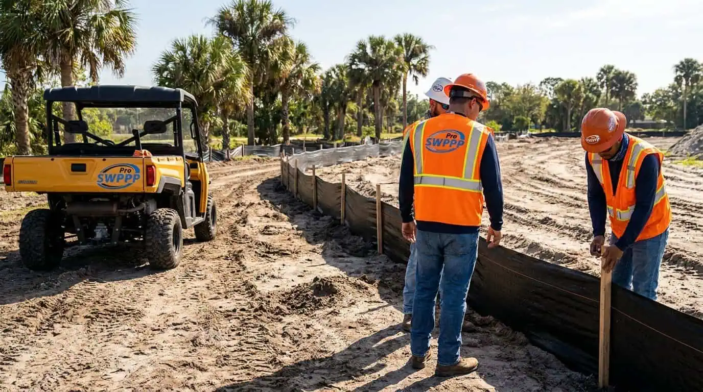 Florida construction site with silt fence and erosion controls installed along disturbed soil