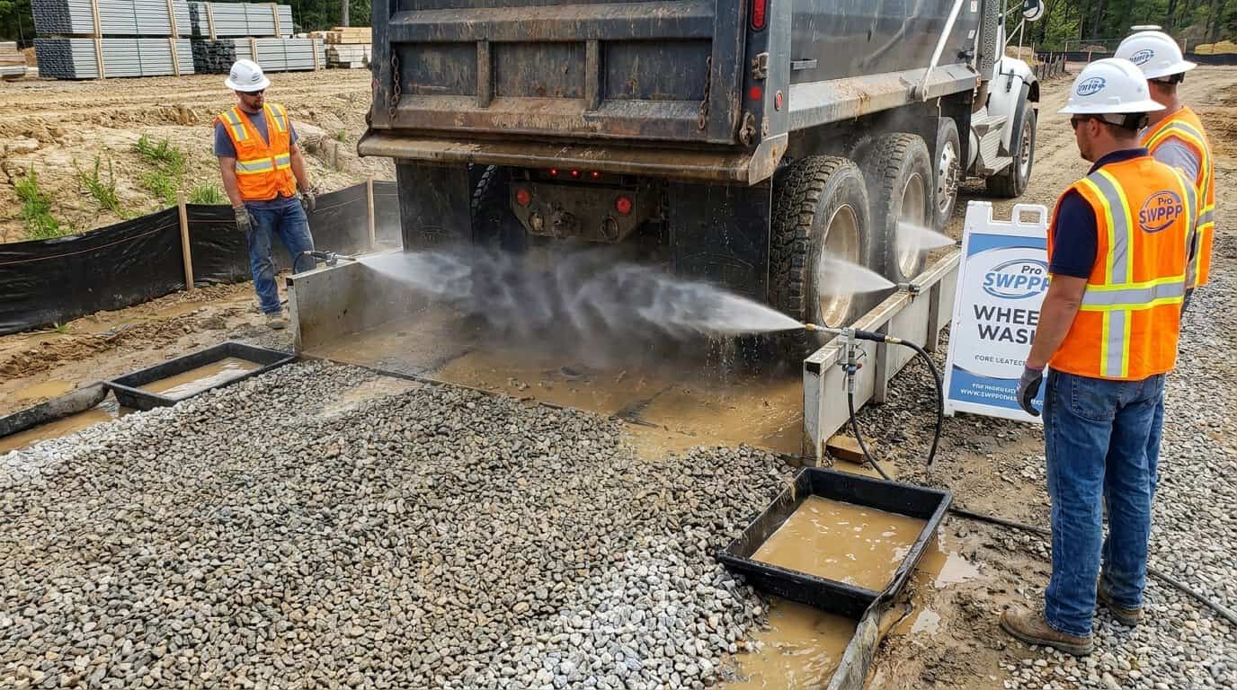 Close-up of construction entrance with gravel tracking pad and wheel wash station to prevent sediment track-out