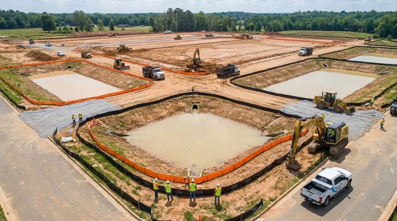 Overhead photo of a large Georgia commercial development site showing multiple erosion control BMPs including sediment basins, silt fencing, and stabilized construction entrances