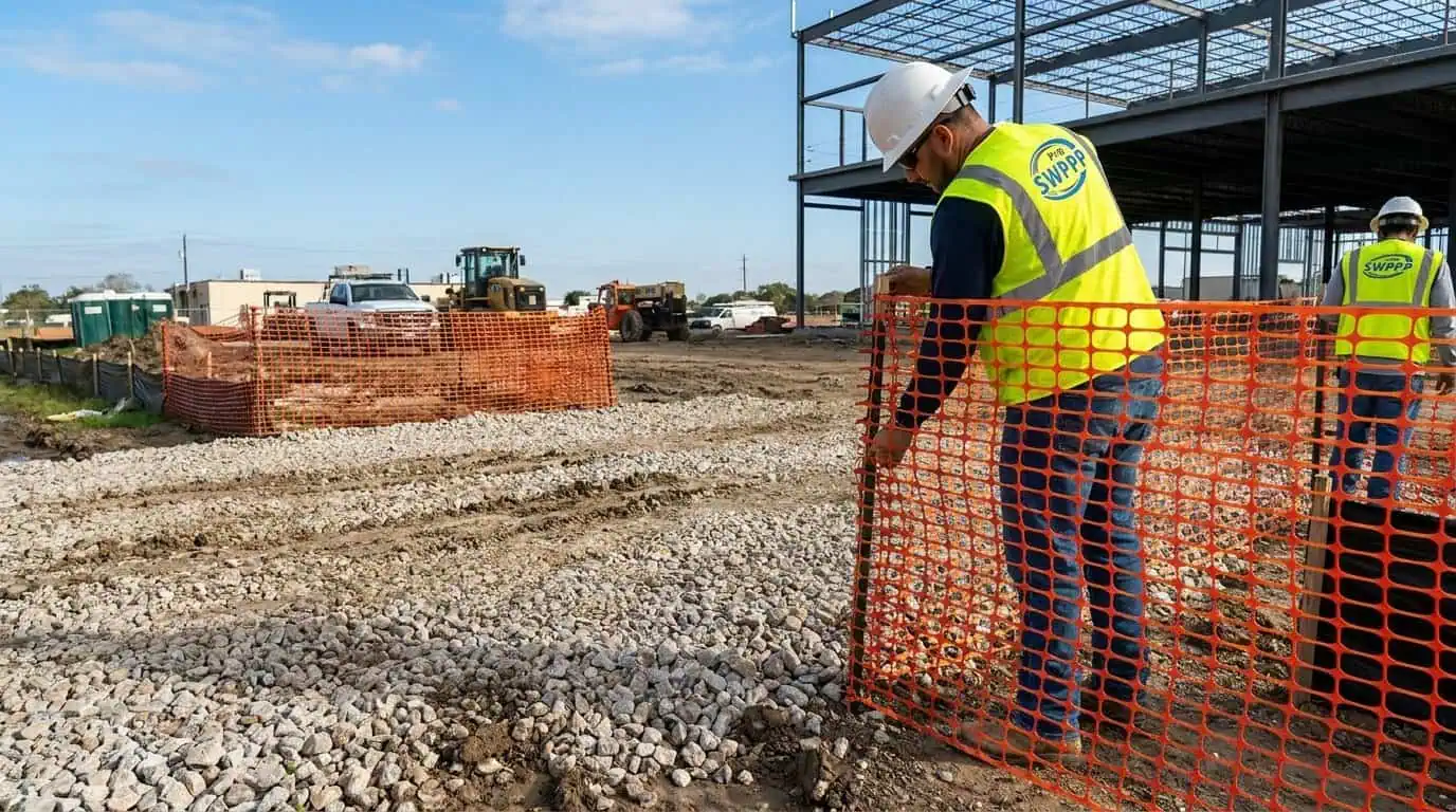Close-up of stabilized construction entrance with stone pad and orange safety fence in Houston