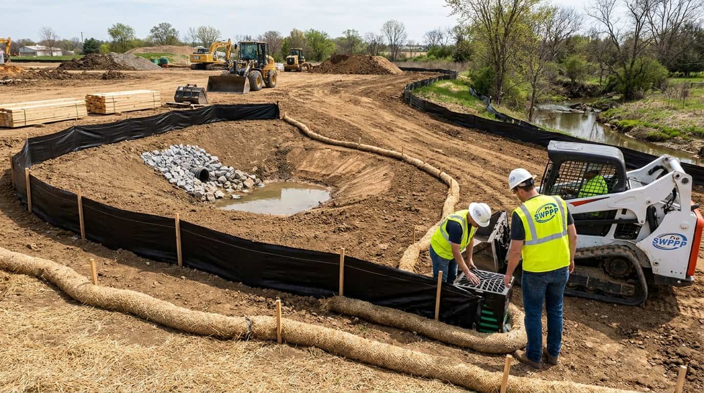 Construction site with erosion control BMPs and sediment barriers in place