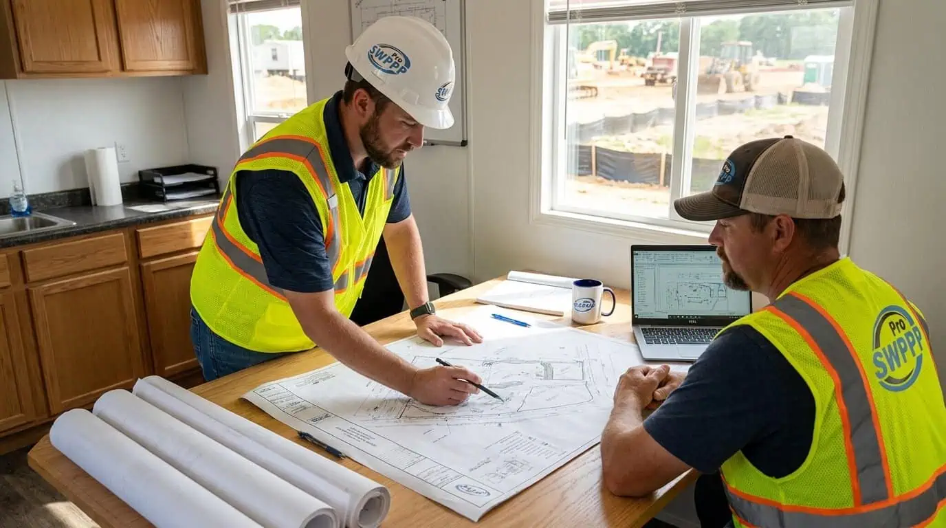 CPESC engineer reviewing SWPPP site map and BMP installation plans on a construction trailer