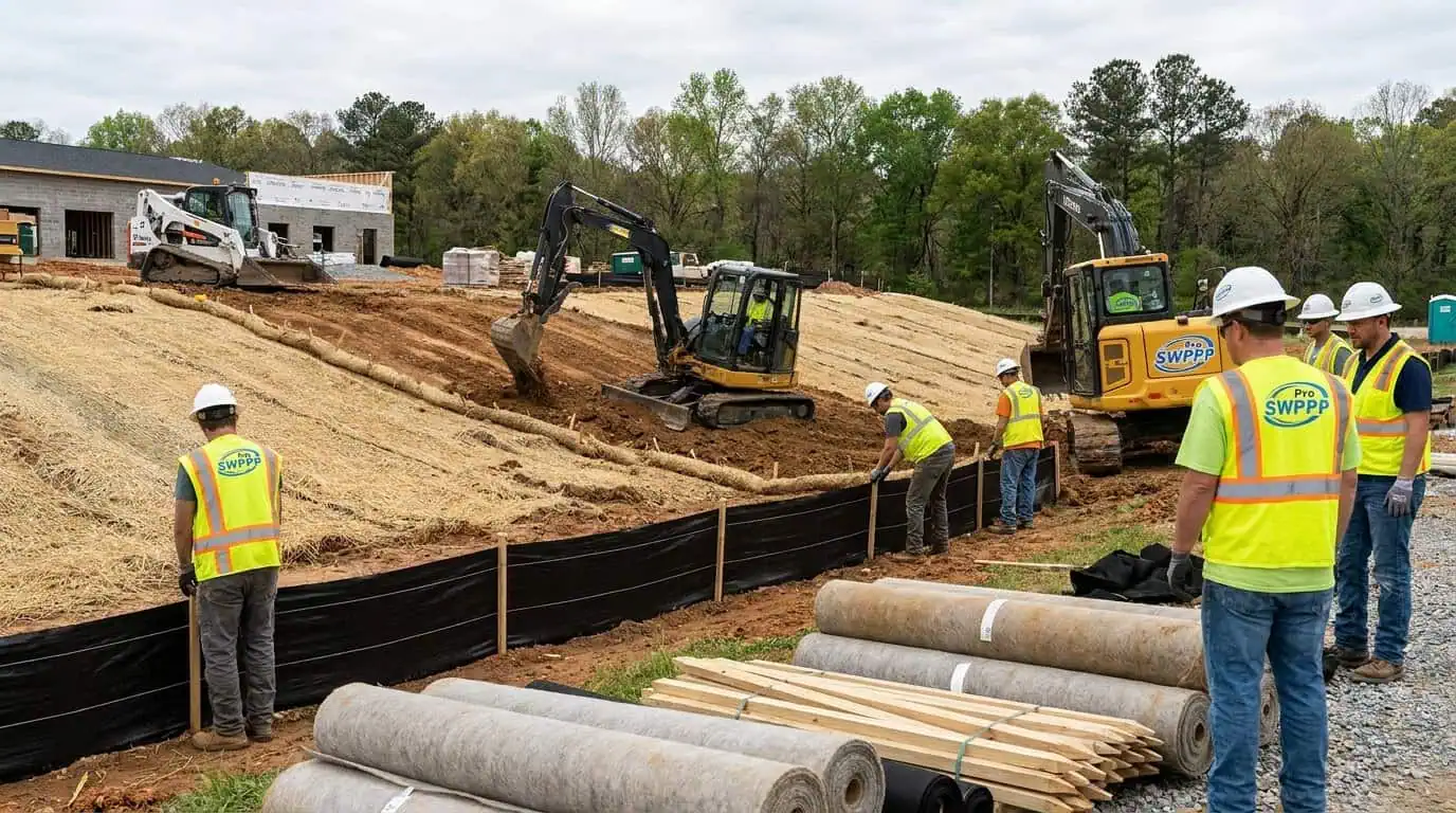 Construction site with erosion control measures and sediment barriers being installed