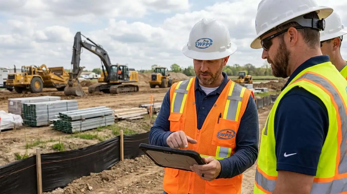 Contractor reviewing construction plans with tablet on active job site