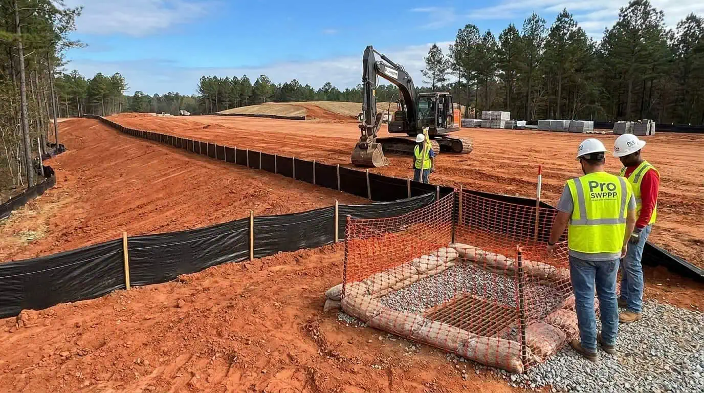Wide shot of Alabama construction site with silt fence and inlet protection installed along graded slope