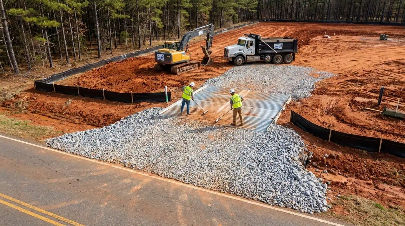 Overhead view of construction entrance with rock stabilization and sediment tracking pads in Alabama