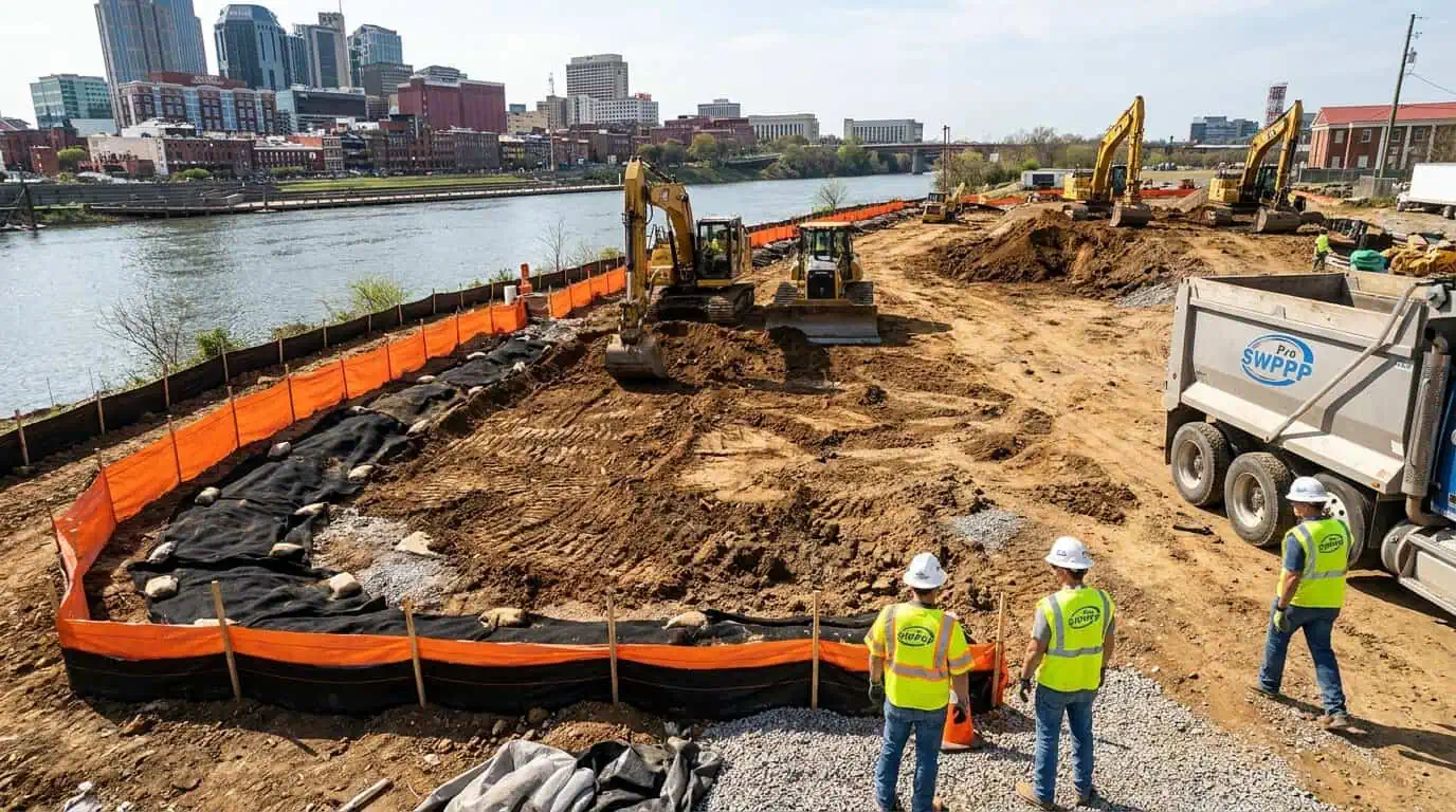 Construction site in Nashville with erosion control barriers and silt fencing installed
