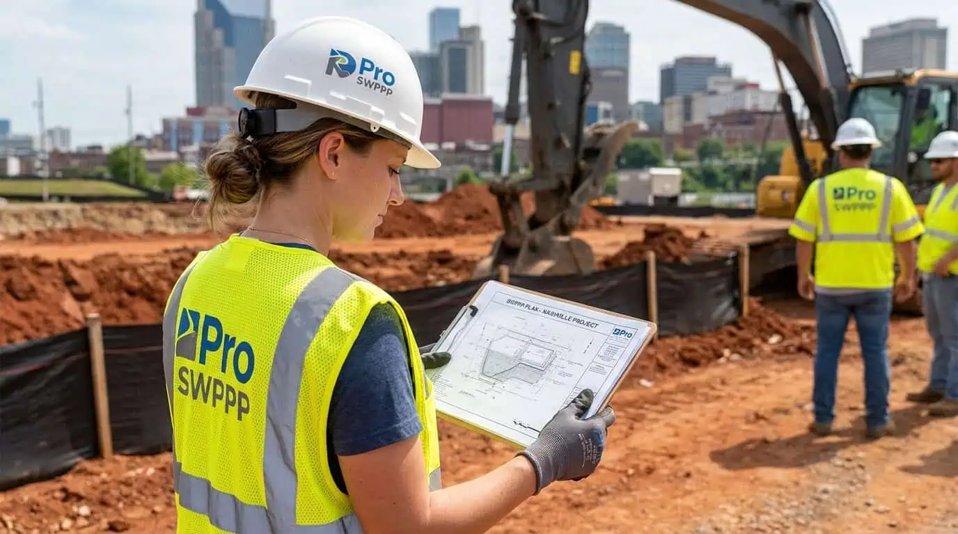 Engineer reviewing SWPPP documents on clipboard at Nashville construction site