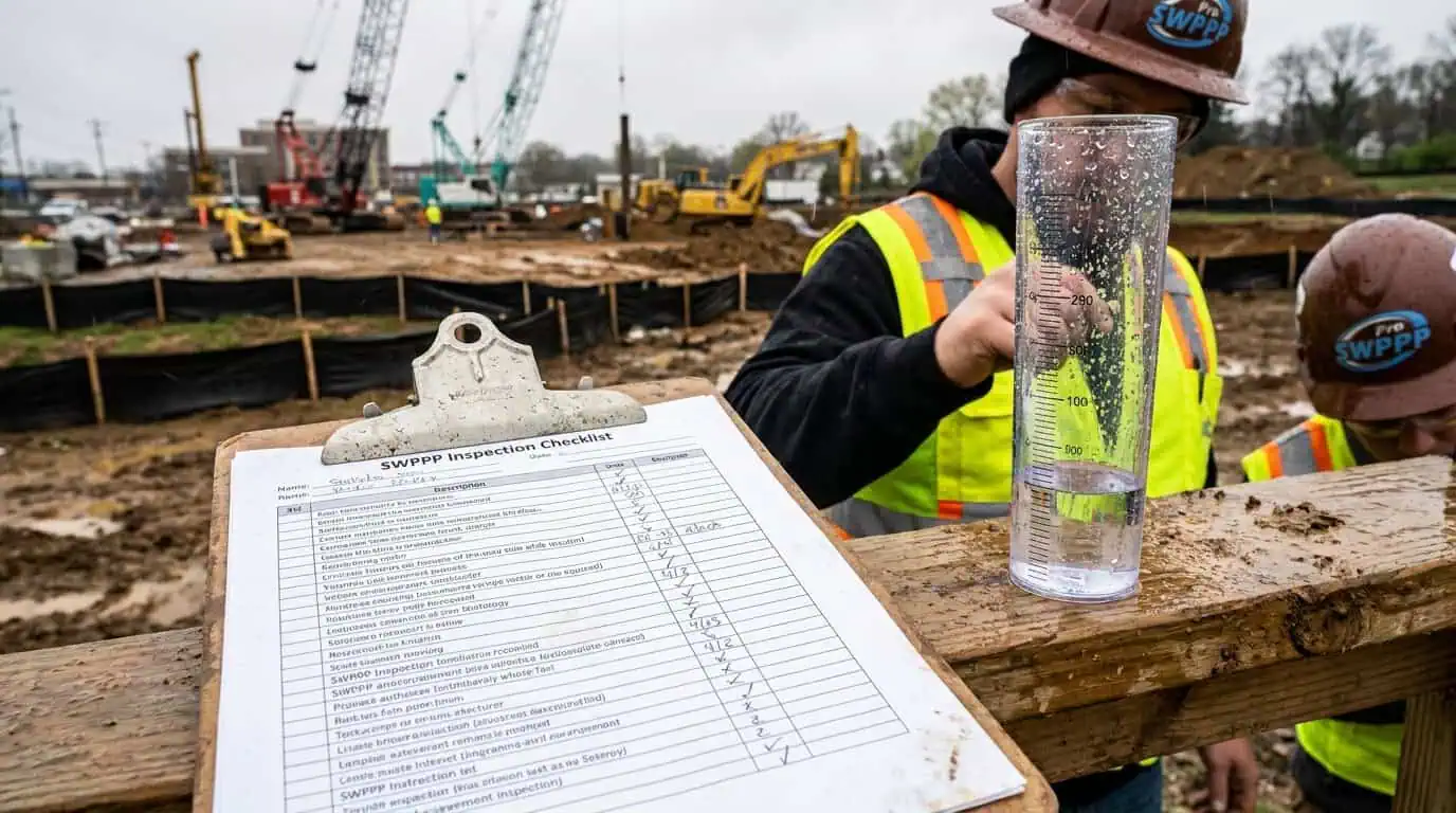Close-up of inspection checklist and rain gauge at Nashville job site