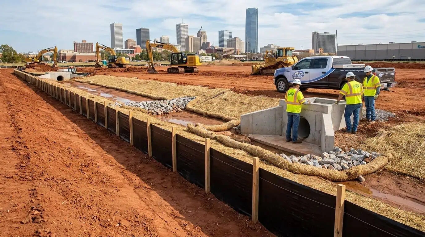 Construction site in Oklahoma City with erosion control measures and stormwater BMPs installed