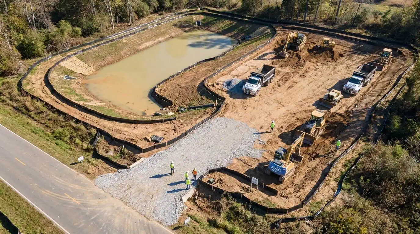 Aerial view of construction site with sediment basins, silt fencing, and stabilized entrance