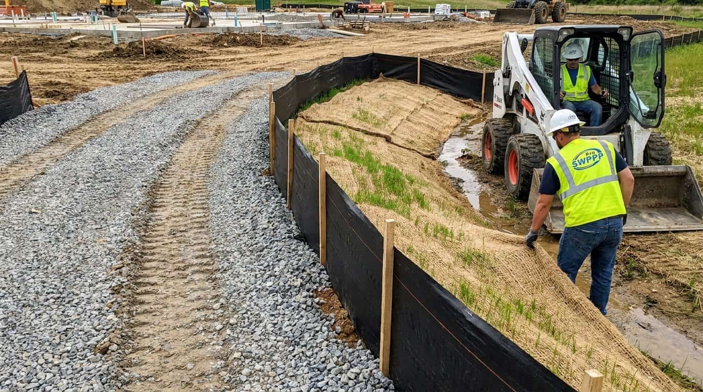 Close-up of construction site showing stabilized entrance, silt fence, and erosion control blanket