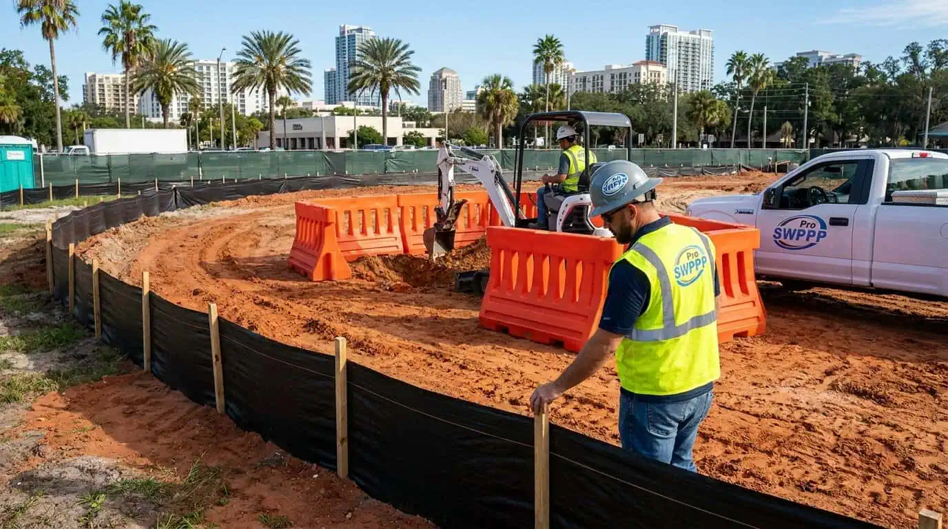 Orlando construction site with silt fencing and orange safety barriers around disturbed soil