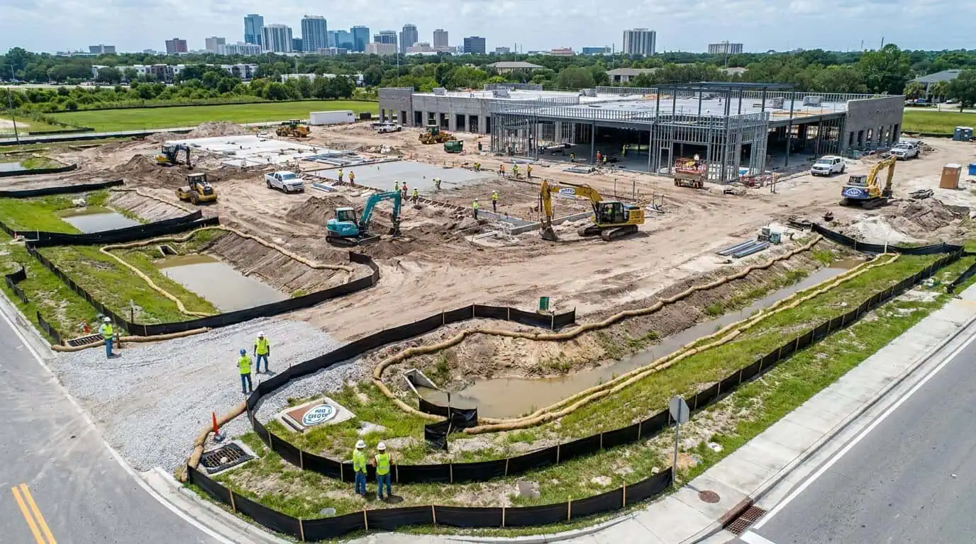 Aerial view of Orlando commercial construction project with erosion control BMPs installed