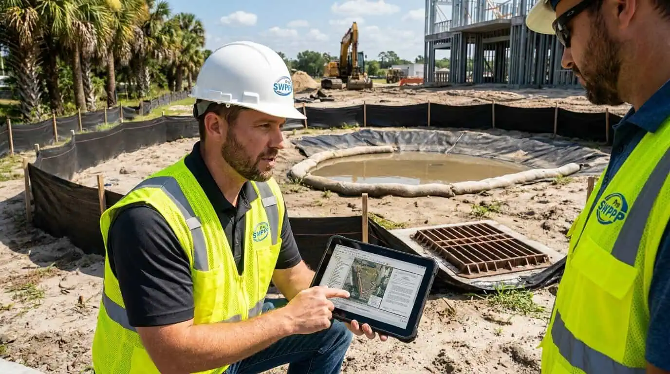 Inspector reviewing SWPPP documents on tablet at Orlando construction site with visible erosion controls