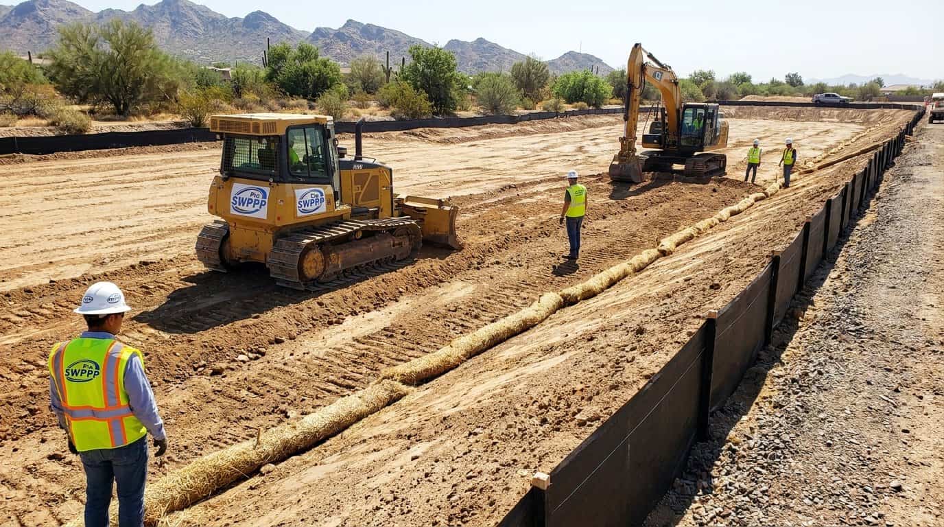 Construction site in Phoenix showing erosion control BMPs and perimeter fencing during active grading work