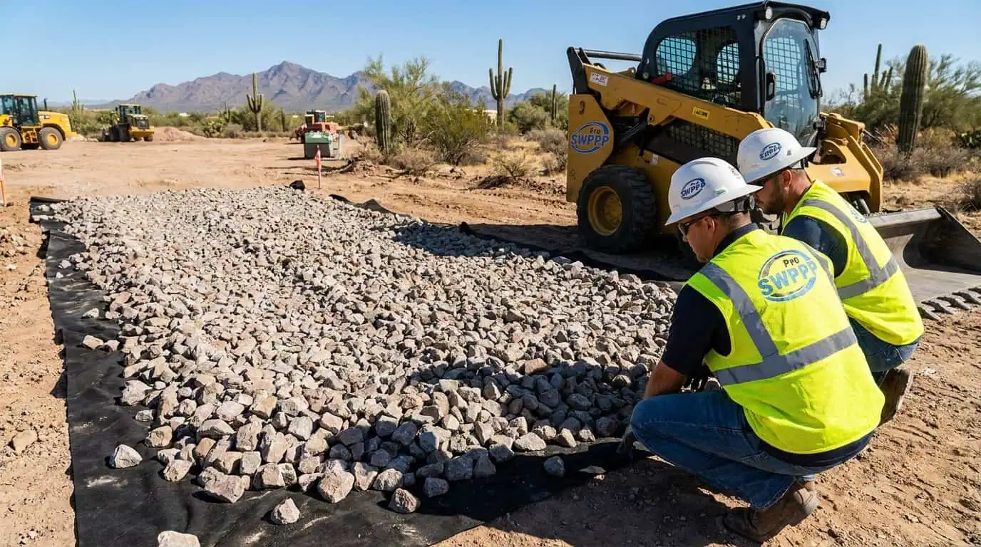 Close-up of a stabilized construction entrance with aggregate rock and filter fabric on a Phoenix project site