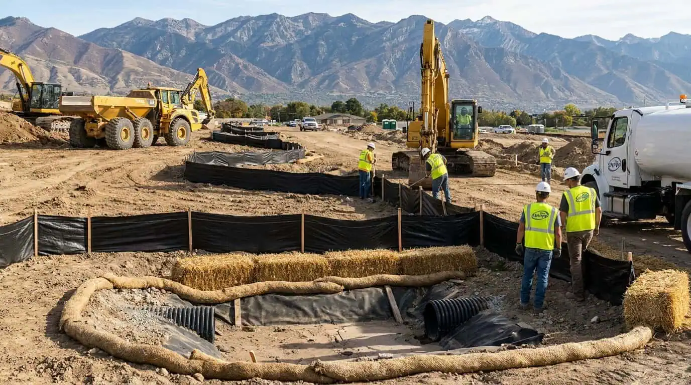 Construction site in Salt Lake City with erosion control measures installed