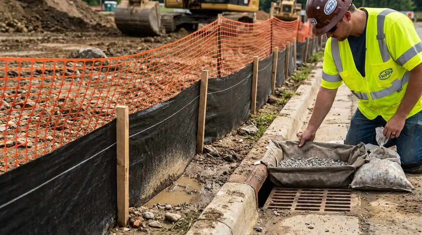 Close-up of silt fence and inlet protection on a construction site