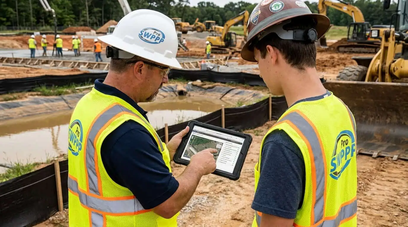 Contractor reviewing SWPPP documents on a tablet at a job site
