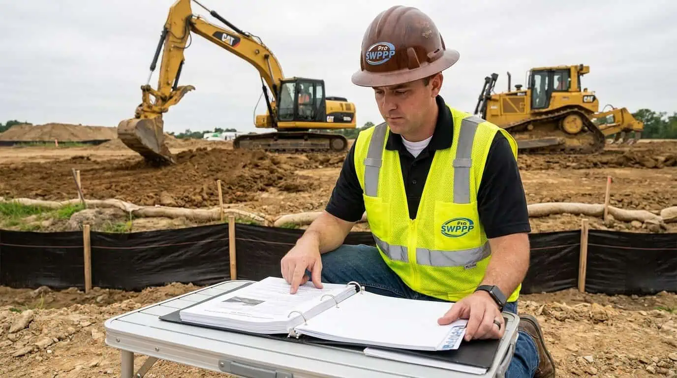 Contractor reviewing SWPPP documents on construction site with equipment in background
