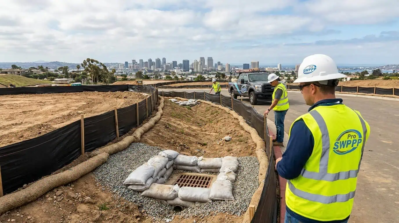 Construction site in San Diego with visible erosion control measures and silt fencing installed