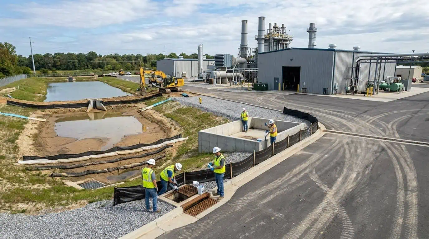 Wide shot of an industrial facility with visible stormwater drainage features and containment areas