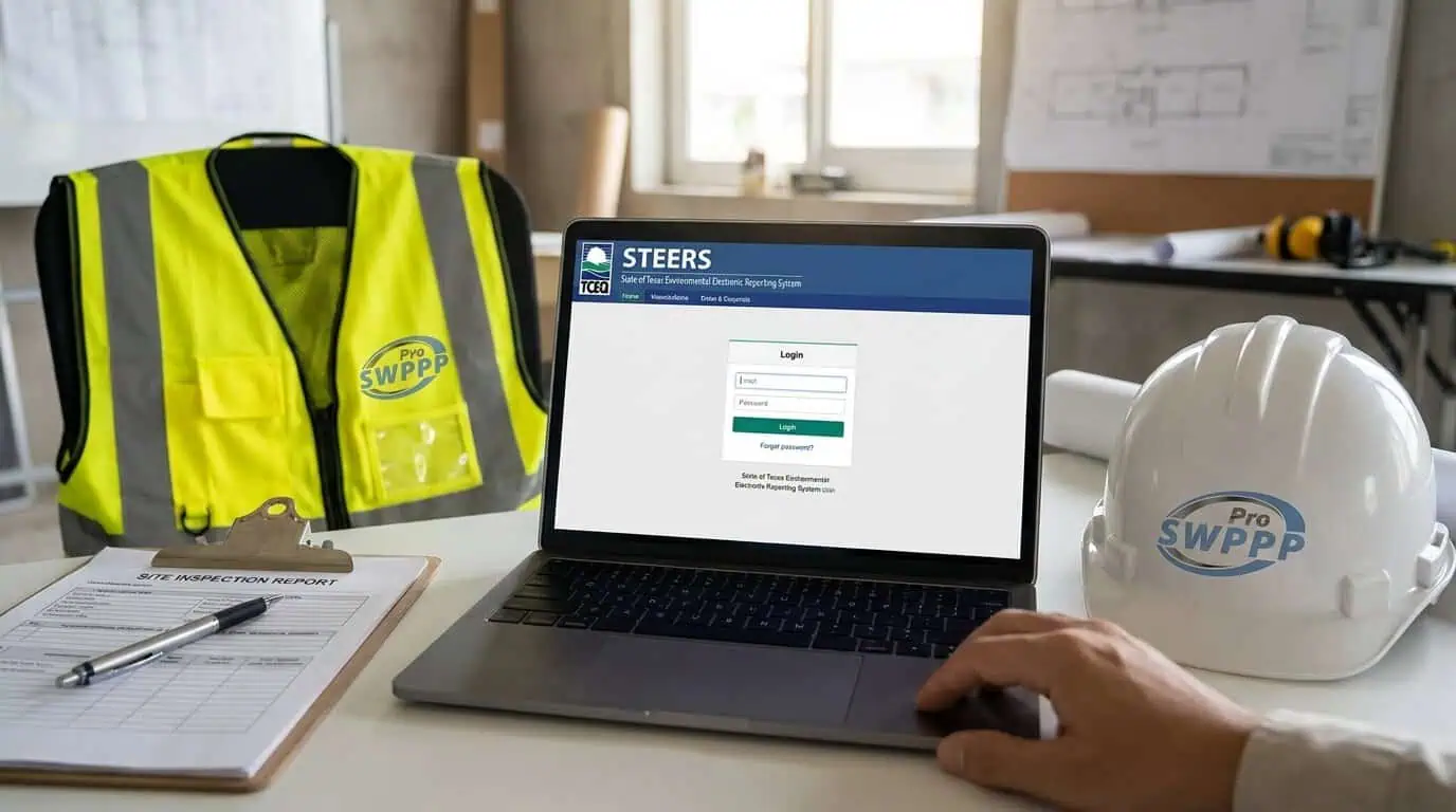 Close-up of a TCEQ STEERS login screen on a laptop with inspection clipboard and hard hat visible