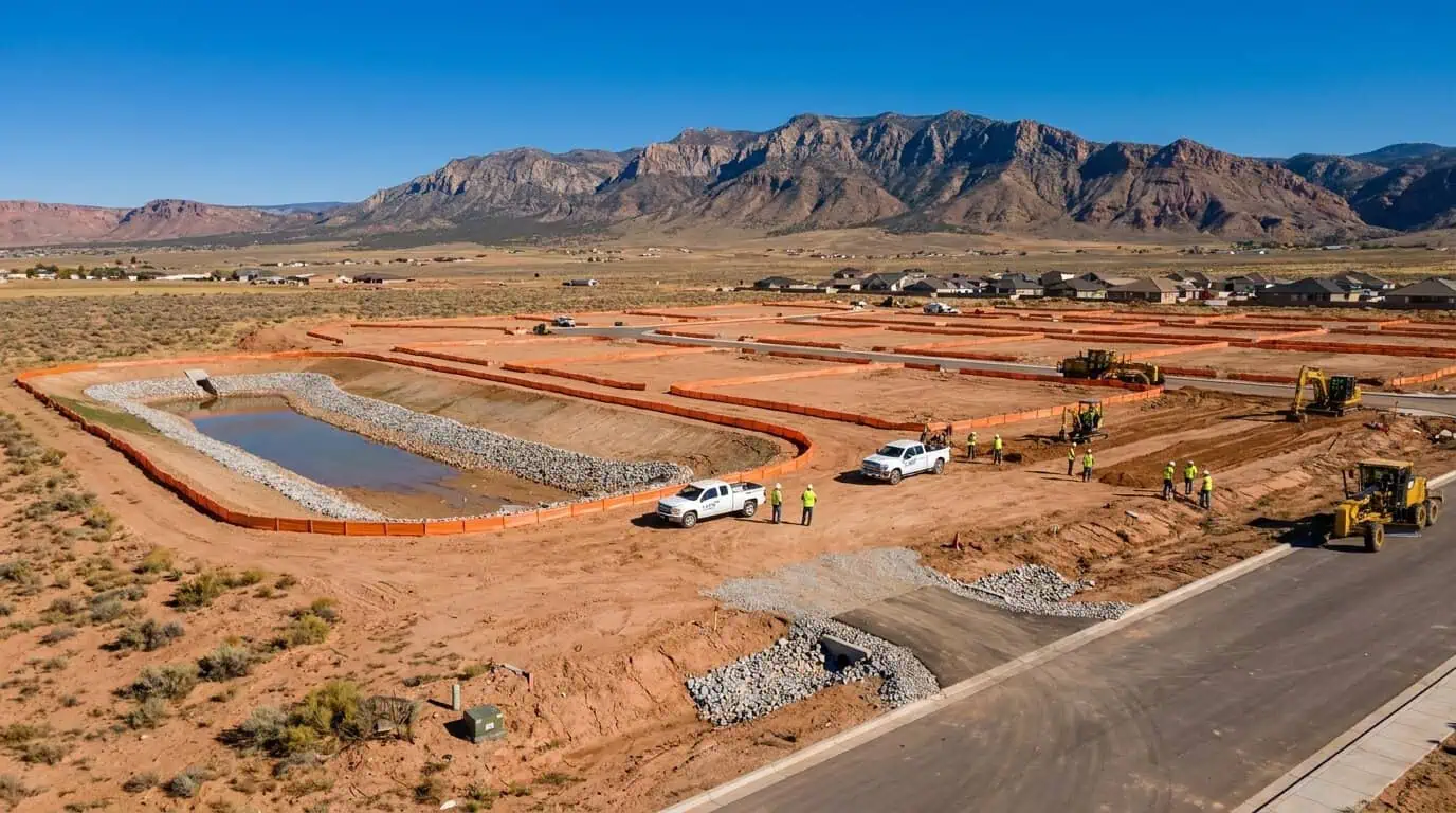 Aerial view of a Utah subdivision under construction showing multiple single-family lots with orange silt fence perimeters, a shared detention basin, stabilized entrances, and mountain backdrop under clear blue sky