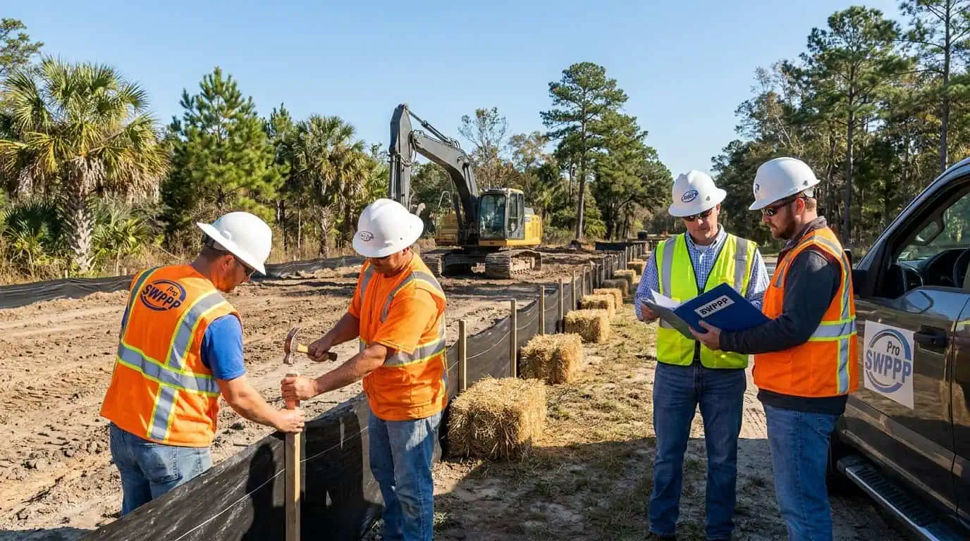 Construction site in South Carolina showing silt fence installation and perimeter controls with inspector reviewing SWPPP binder