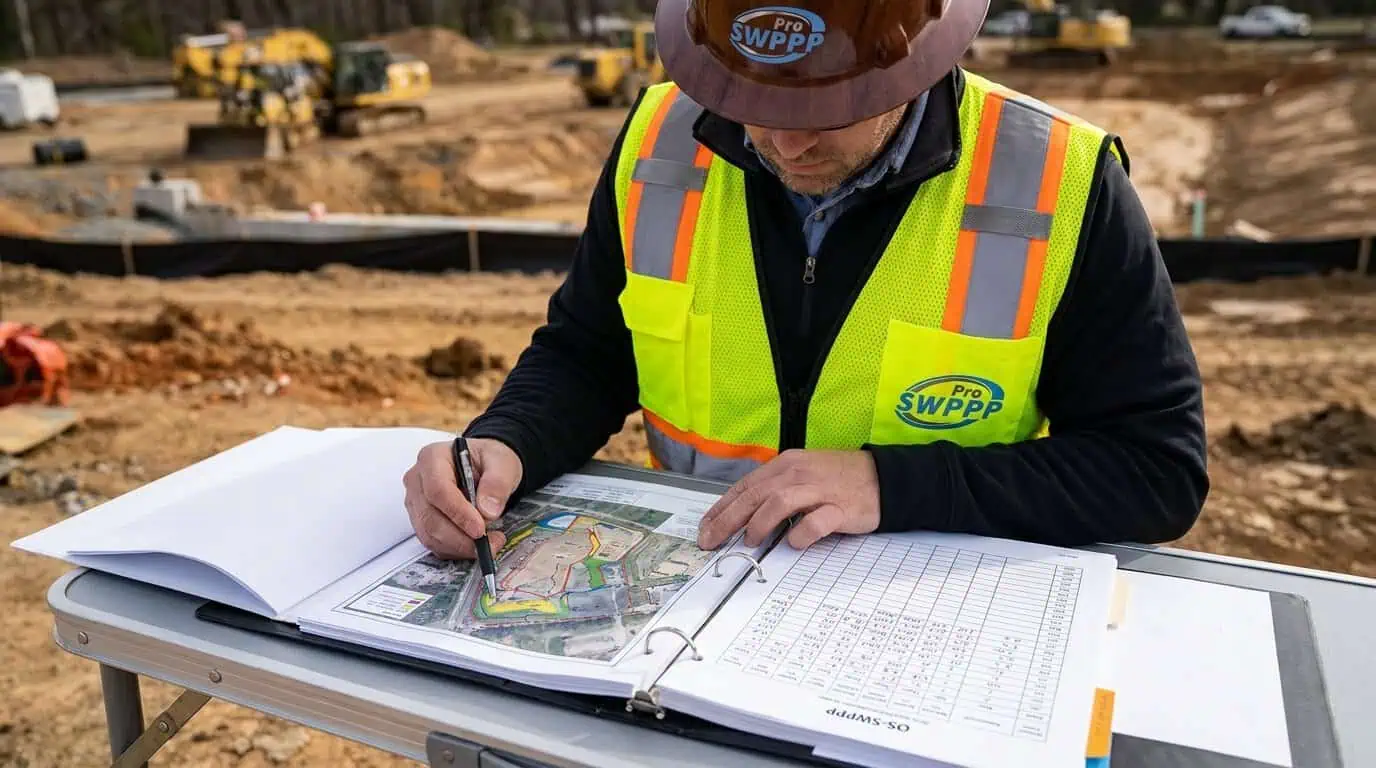 Close-up photo of CEPSCI inspector reviewing OS-SWPPP binder with site map and rainfall log visible