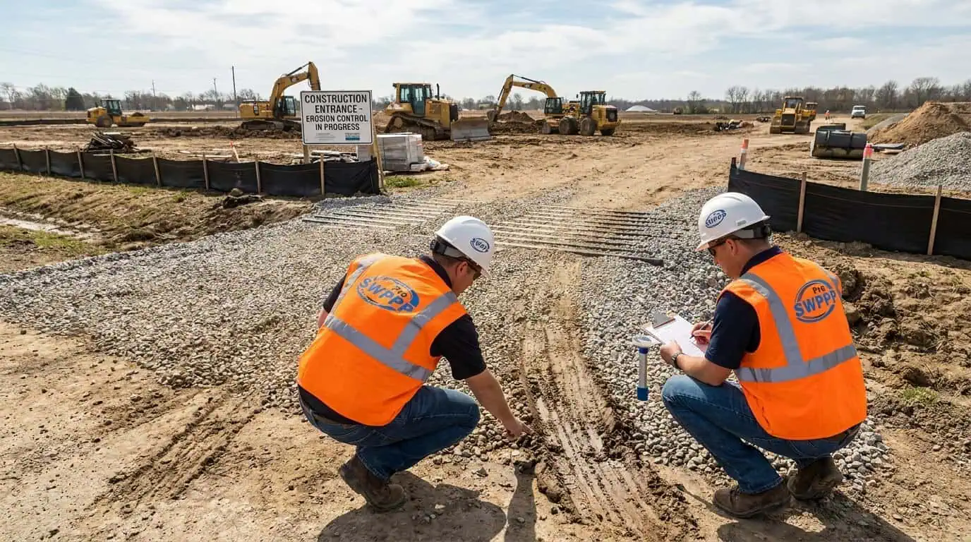 Wide shot of construction site entrance with stabilized construction entrance and sediment tracking inspection in progress